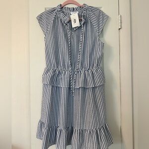 Blue & White Stripped Ruffle Dress - Size Small